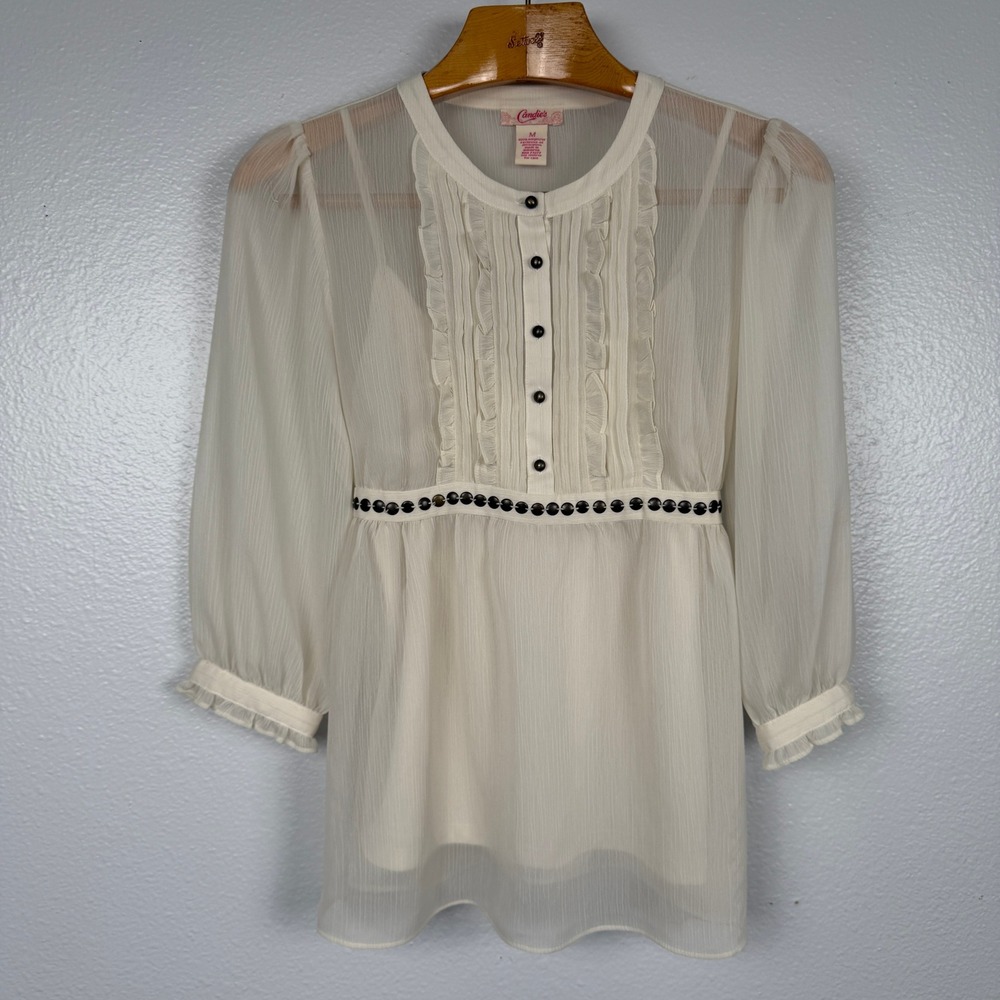 Candie's M Ivory Sheer Blouse Cami Set Ruffle Pintuck Studded Y2K Fairycore Top